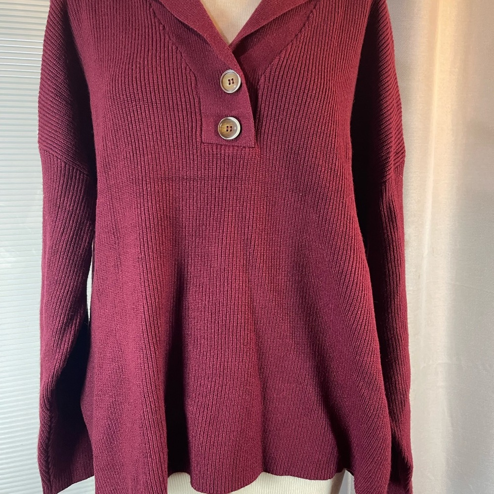 Elegant V-Neck Burgundy Sweater with Button Accents